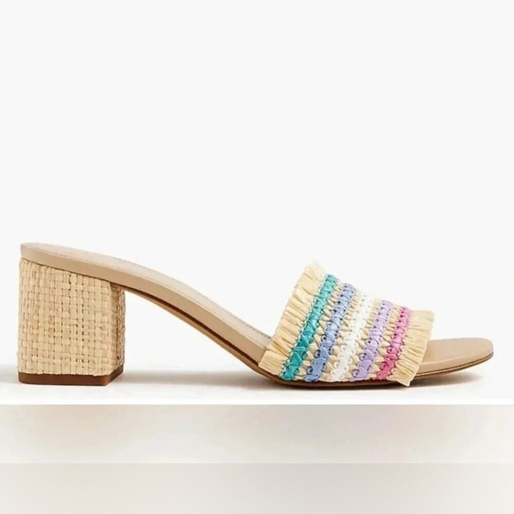 J. Crew Raffia Block Heel Slide with Pastel Rainbow Stripes